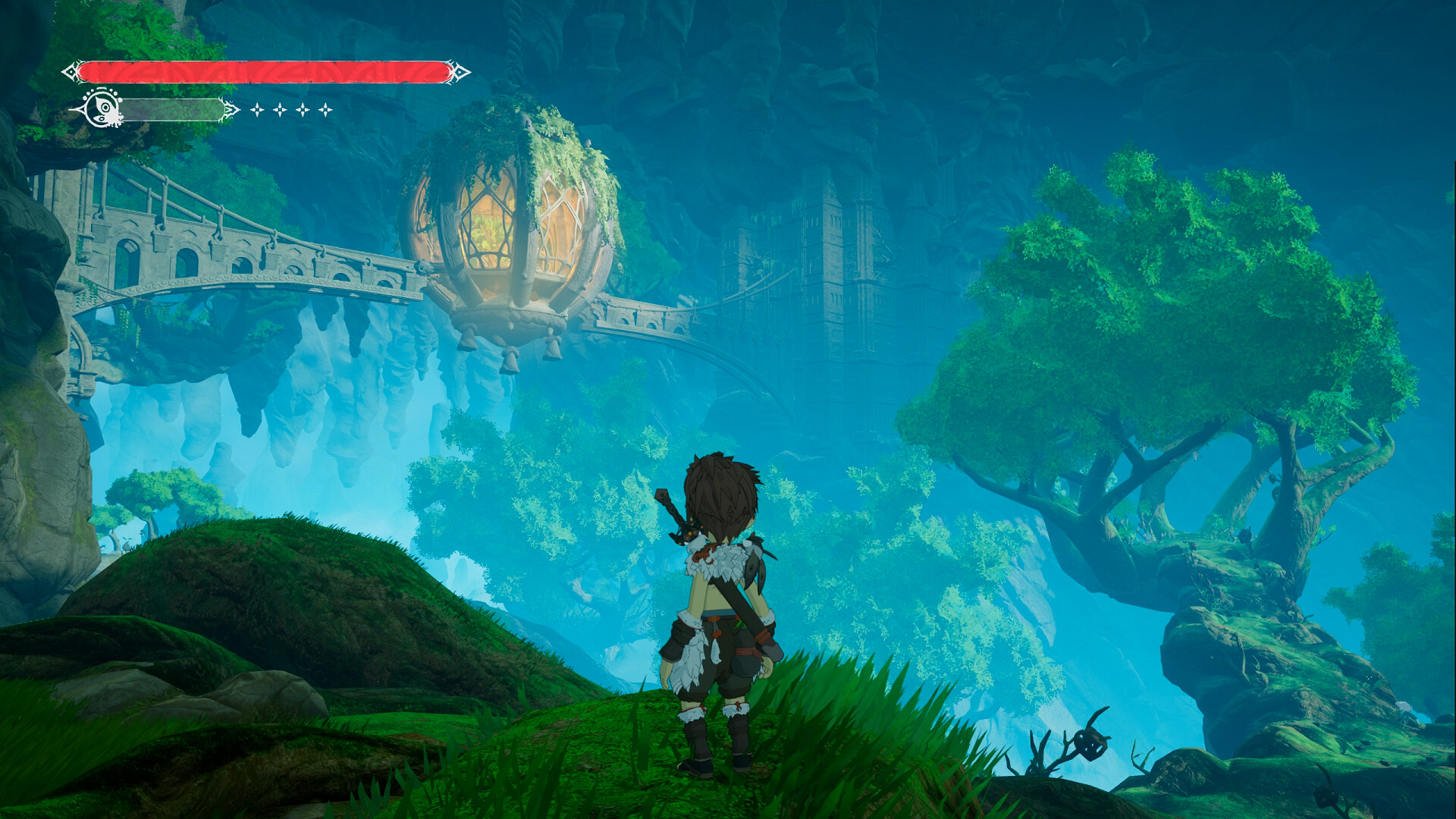 Winds of Viridia screenshot: a blue cliffside view with a glowing hanging structure.
